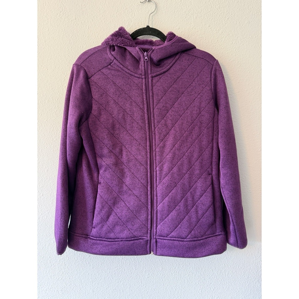 Country Store Women's Quilted Faux Fur Lined Purple Full Zip Hooded Sweatshirt S
